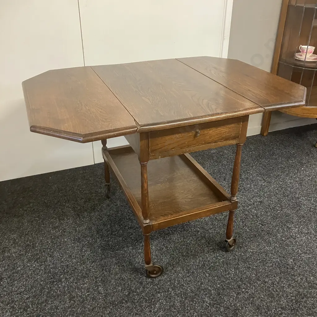 Art Deco Oak Drop Leaf Trolley Table, Single Drawer. H67 W71 D45 - Image 1++
