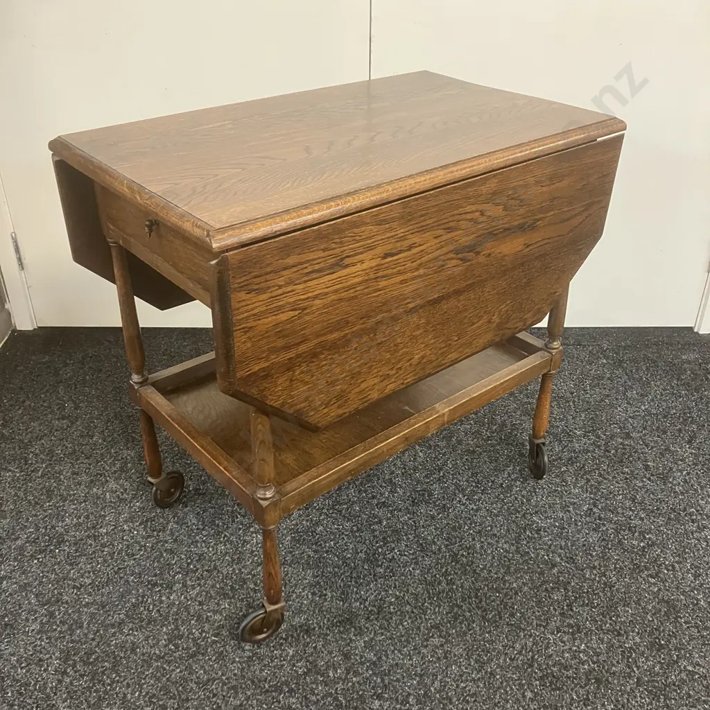 Art Deco Oak Drop Leaf Trolley Table, Single Drawer. H67 W71 D45 - Image 1++
