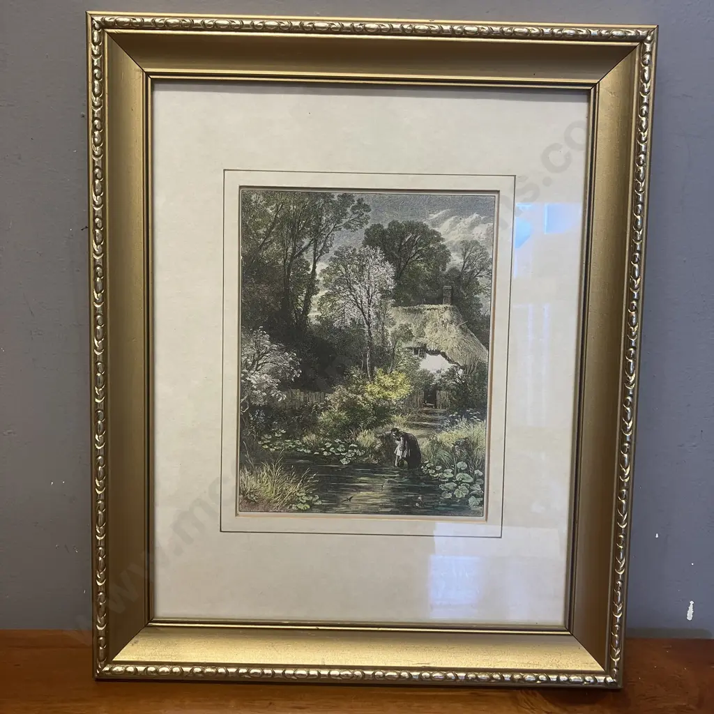 'The Dipping Place' Genuine Antique Engraving Coloured By Hand c1875. 36 x 29cm Image 1++