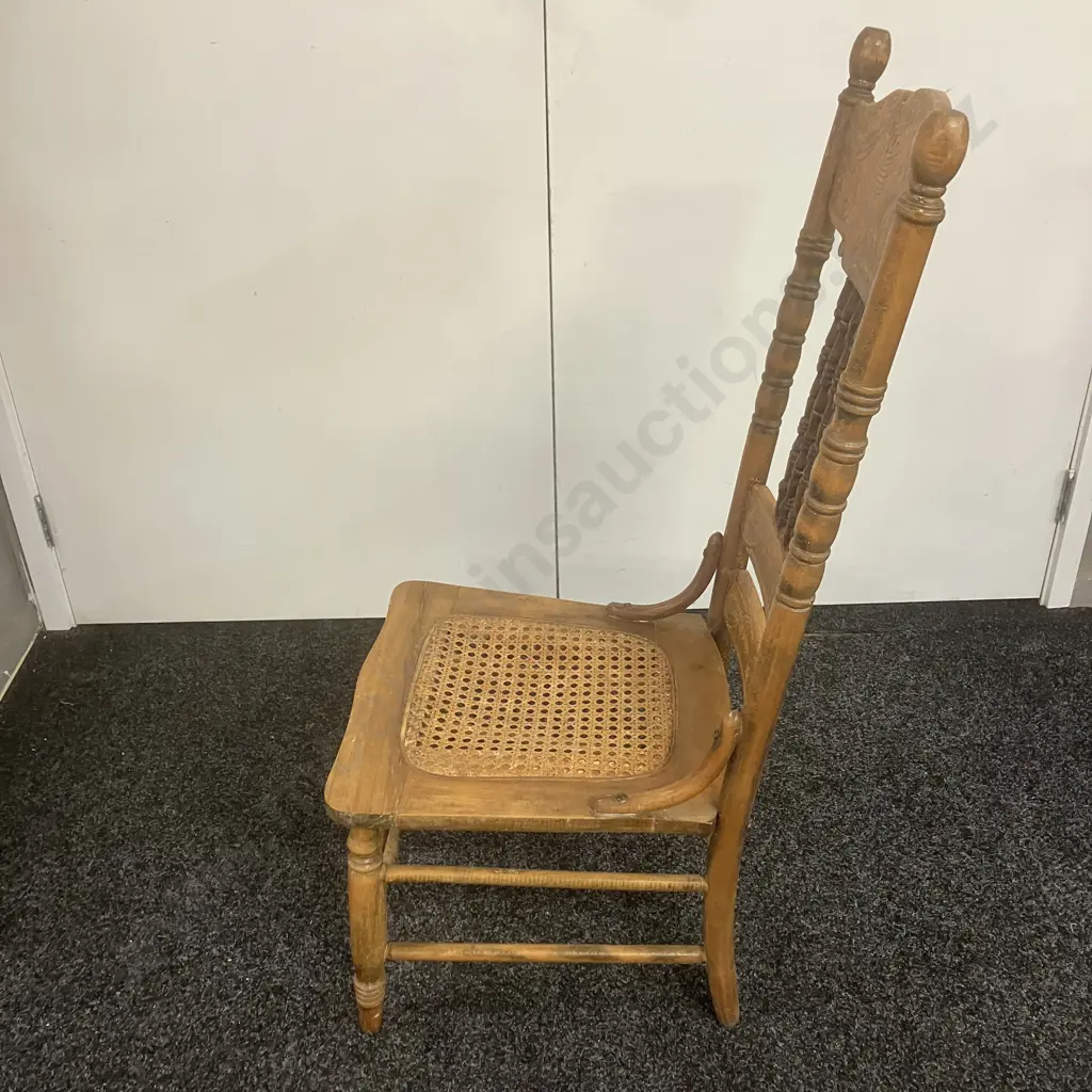 Antique Oak Spindle Pressed Back Chair With Woven Wicker Seat. H99cm Image 1++