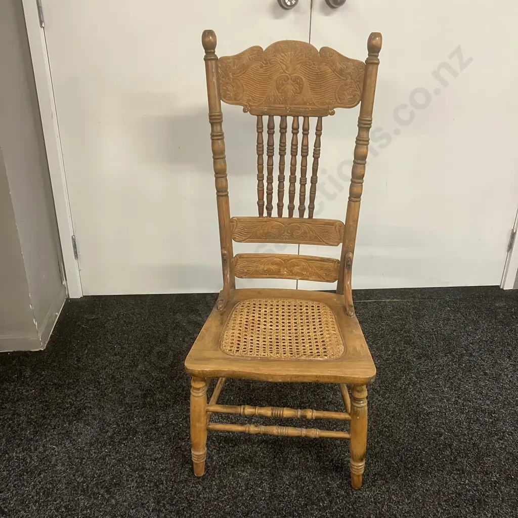 Antique Oak Spindle Pressed Back Chair With Woven Wicker Seat. H99cm Image 1++