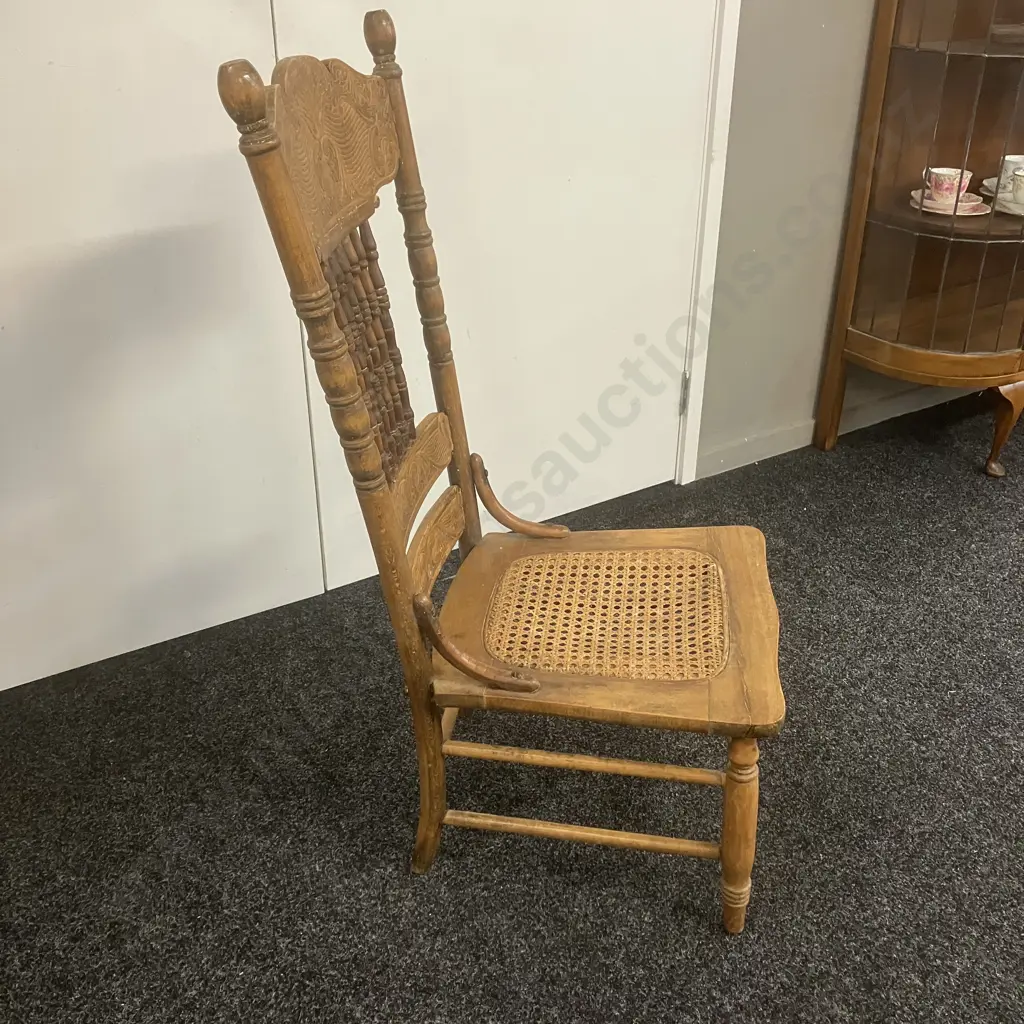 Antique Oak Spindle Pressed Back Chair With Woven Wicker Seat. H99cm Image 1++