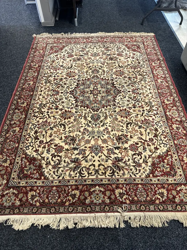 Belguim Woollen Floor Rug Red/Cream/Pale Blue Detail L245,W170cm. Image 1++