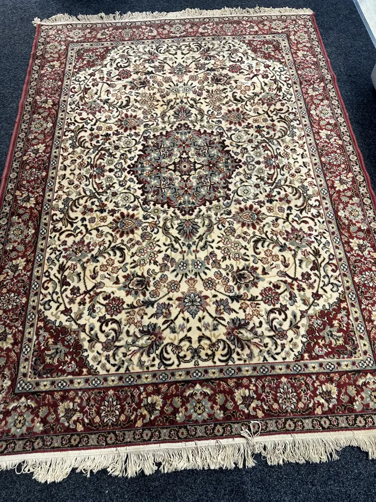 Belguim Woollen Floor Rug Red/Cream/Pale Blue Detail L245,W170cm. Image 1++