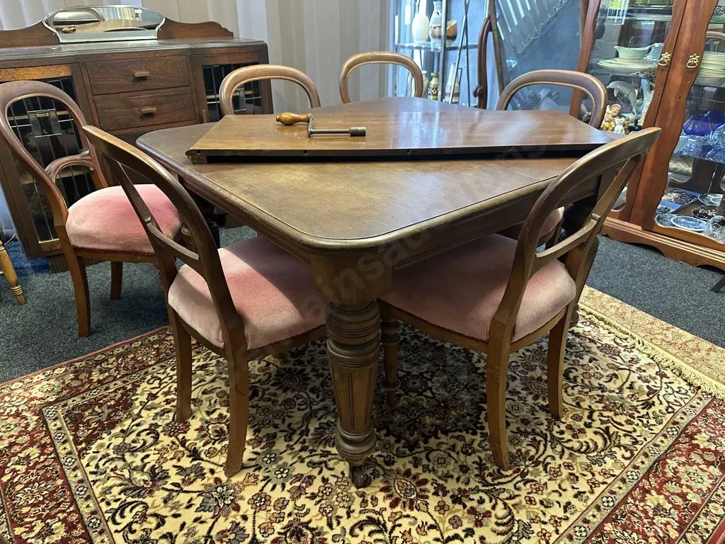 Antique Mahogany Single Leaf Crank Extension Dining Table With Turned Legs, With 6 Victorian Balloon Back Dining Chairs Image 1++