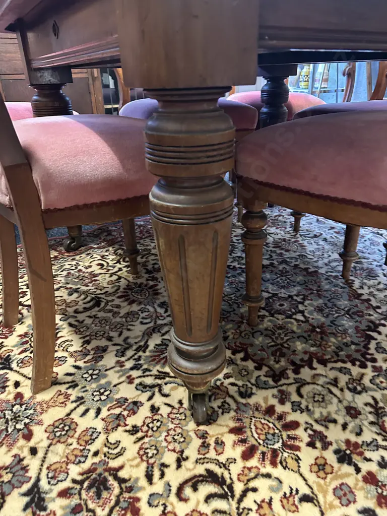 Antique Mahogany Single Leaf Crank Extension Dining Table With Turned Legs, With 6 Victorian Balloon Back Dining Chairs Image 1++