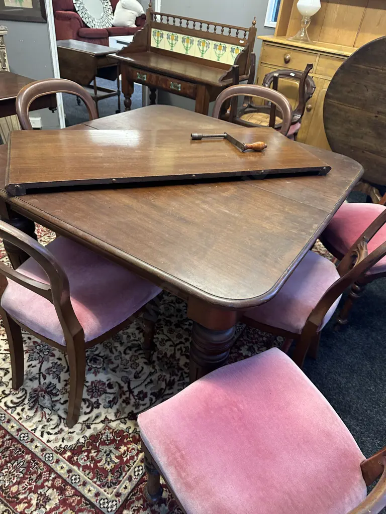 Antique Mahogany Single Leaf Crank Extension Dining Table With Turned Legs, With 6 Victorian Balloon Back Dining Chairs Image 1++