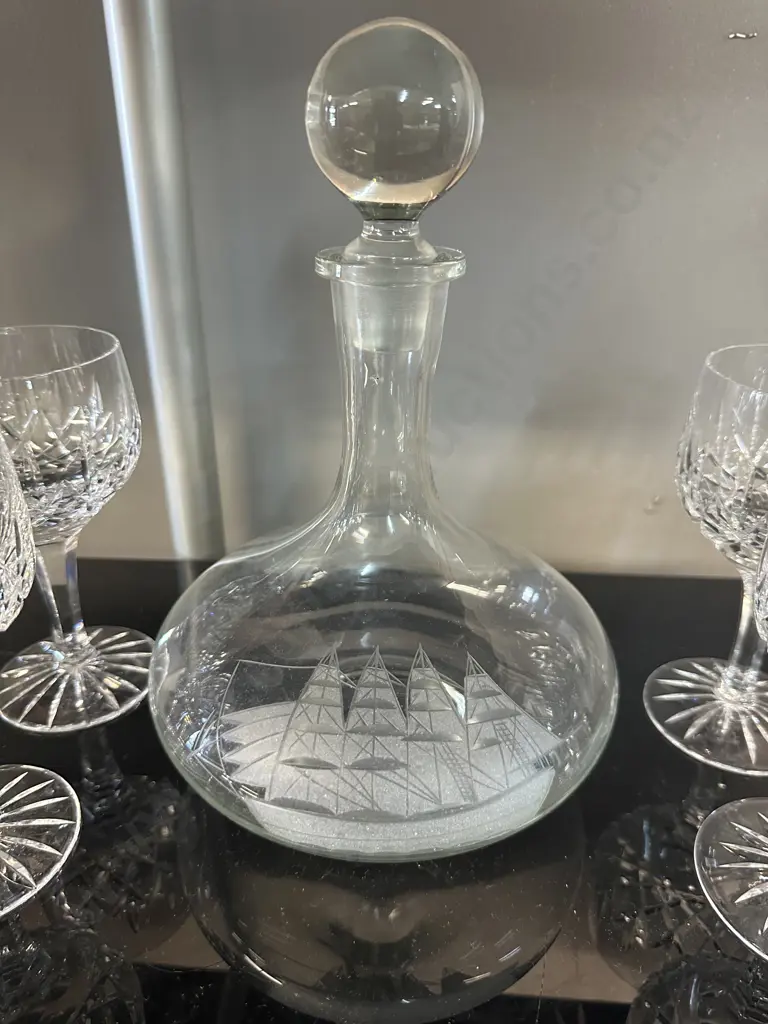 Vintage Ships Decanter & Six Wine Glasses 1x Chipped  Image 1++