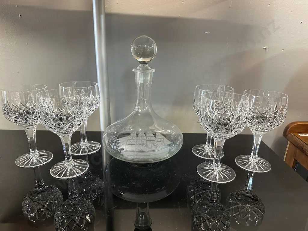 Vintage Ships Decanter & Six Wine Glasses 1x Chipped  Image 1++