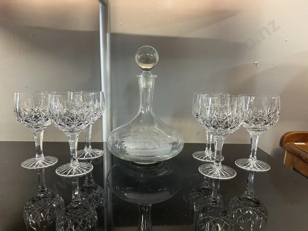 Vintage Ships Decanter & Six Wine Glasses 1x Chipped  Image 1++
