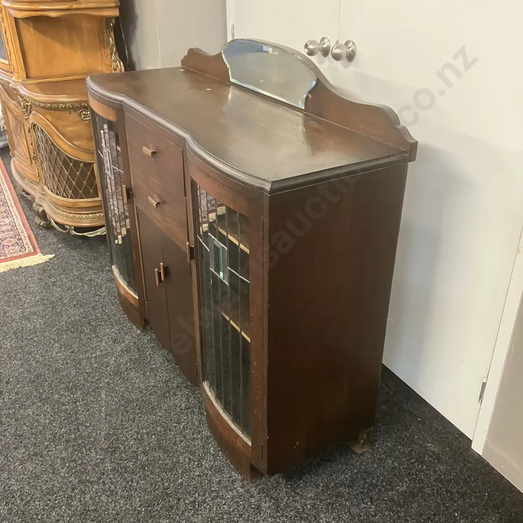 Art Deco Oak Leadlight Glass Sideboard. H110 W129 D44cm Image 1++