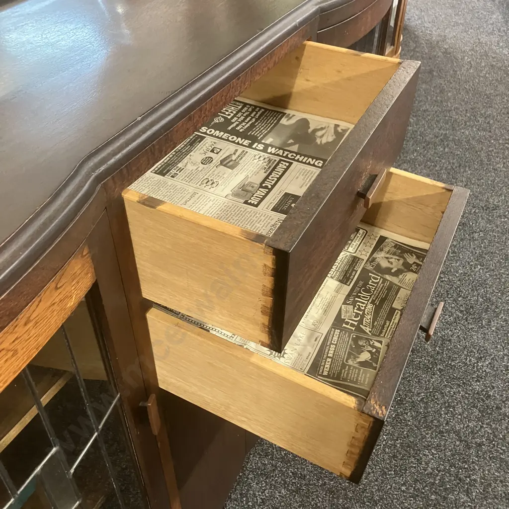 Art Deco Oak Leadlight Glass Sideboard. H110 W129 D44cm Image 1++
