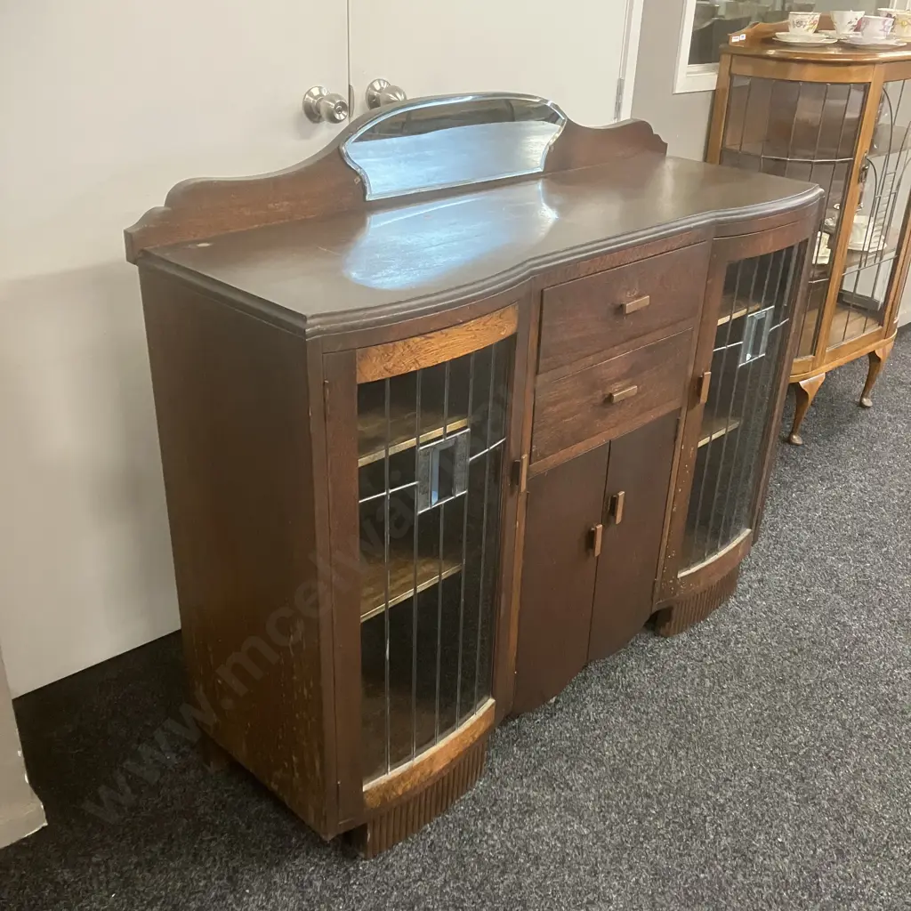 Art Deco Oak Leadlight Glass Sideboard. H110 W129 D44cm Image 1++