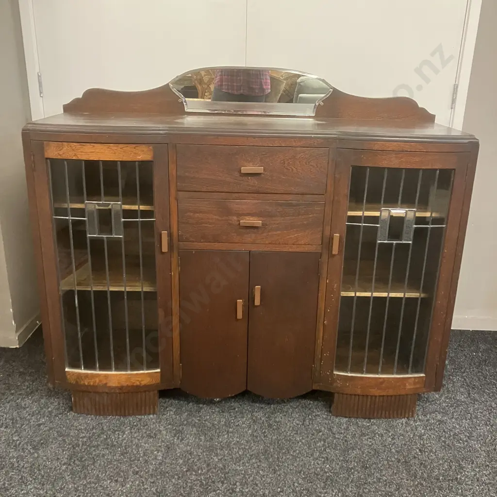 Art Deco Oak Leadlight Glass Sideboard. H110 W129 D44cm Image 1++