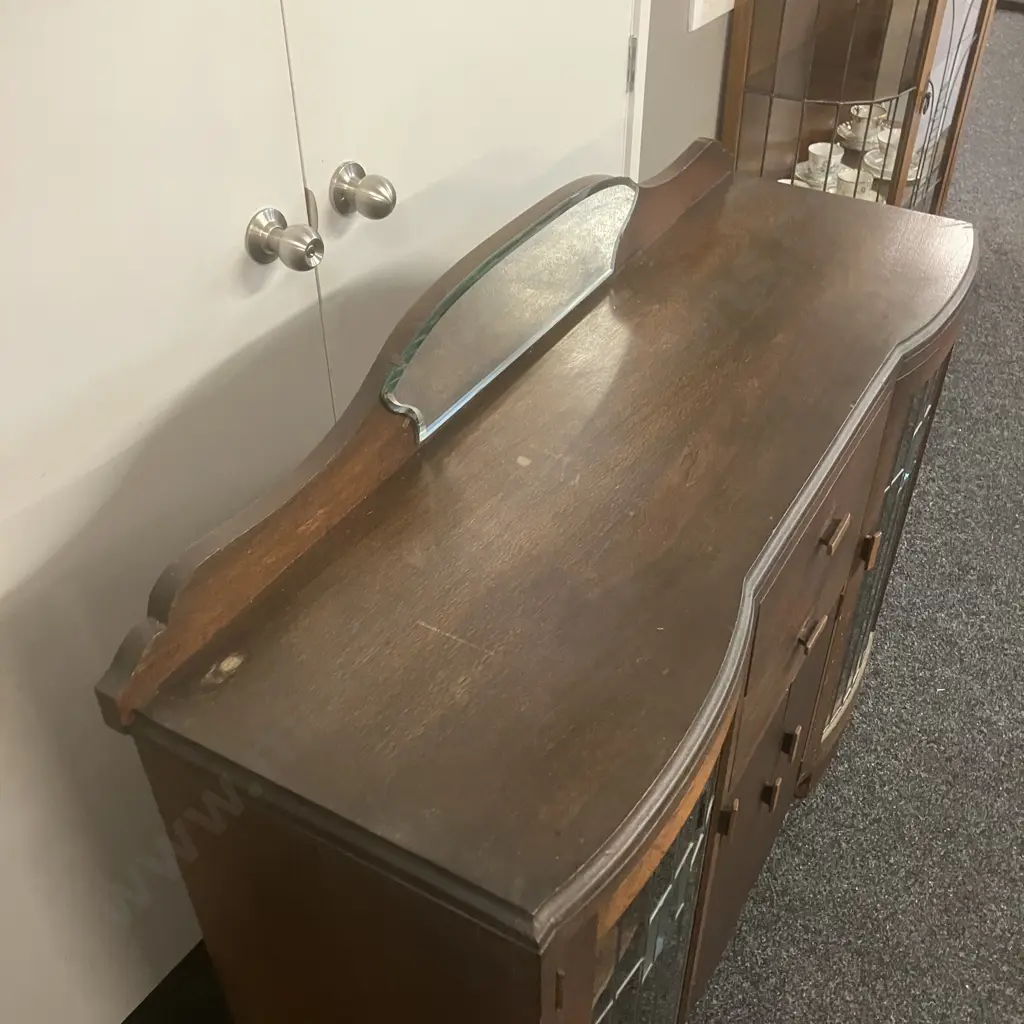 Art Deco Oak Leadlight Glass Sideboard. H110 W129 D44cm Image 1++