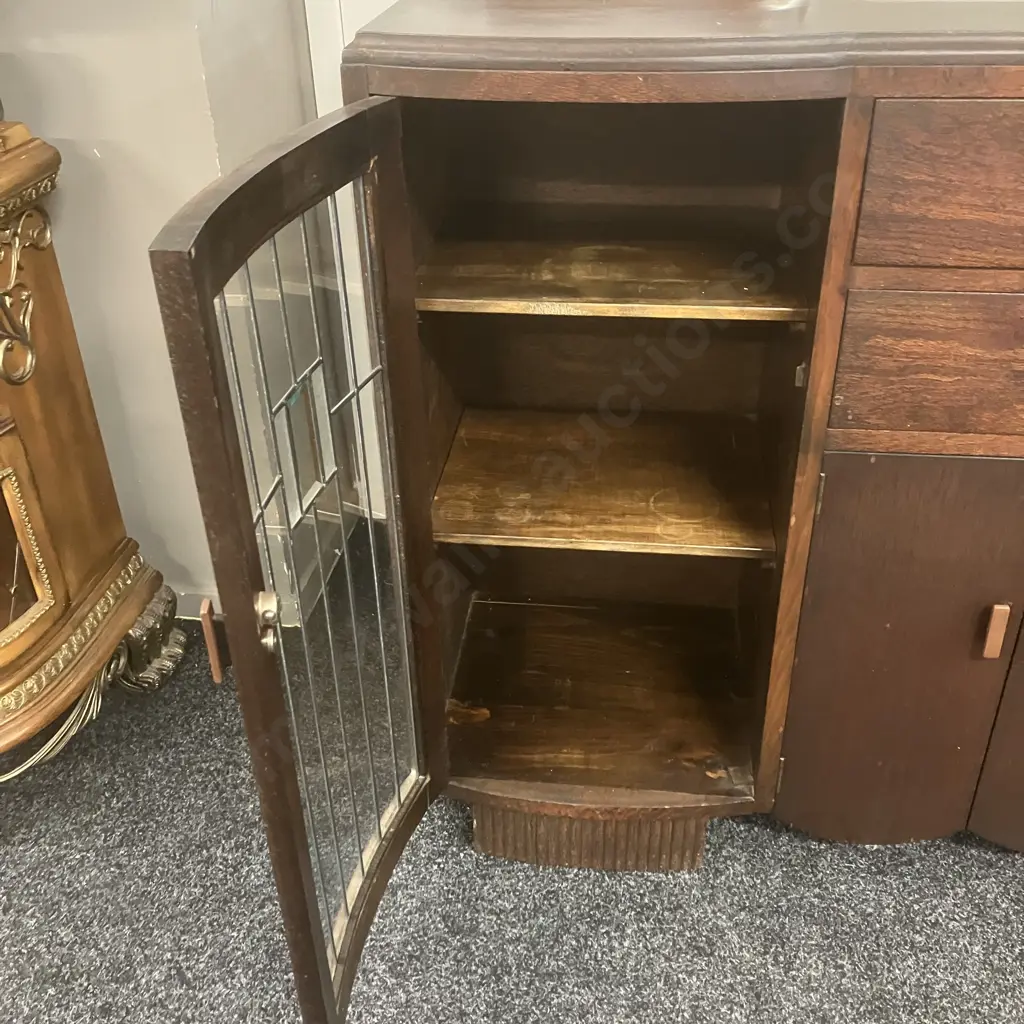 Art Deco Oak Leadlight Glass Sideboard. H110 W129 D44cm Image 1++