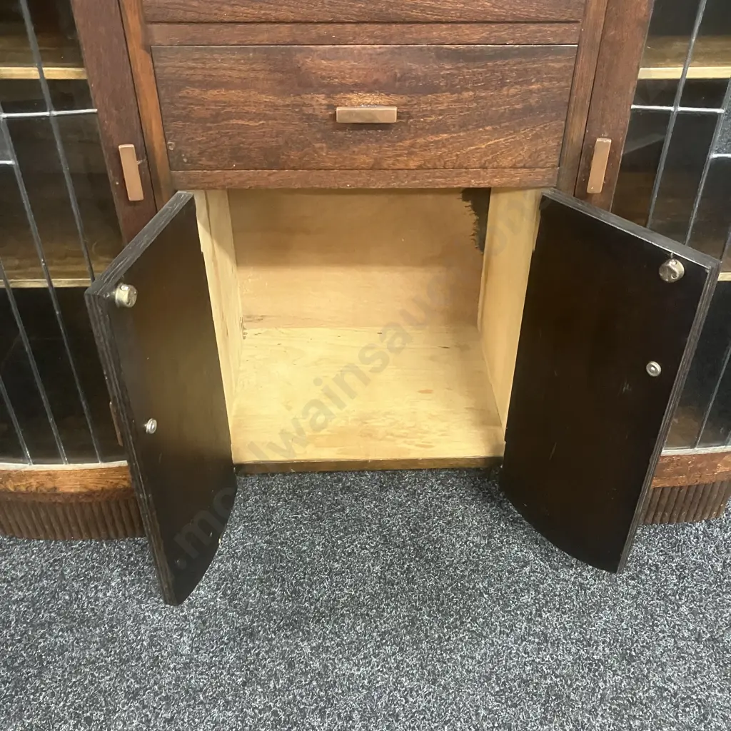 Art Deco Oak Leadlight Glass Sideboard. H110 W129 D44cm Image 1++