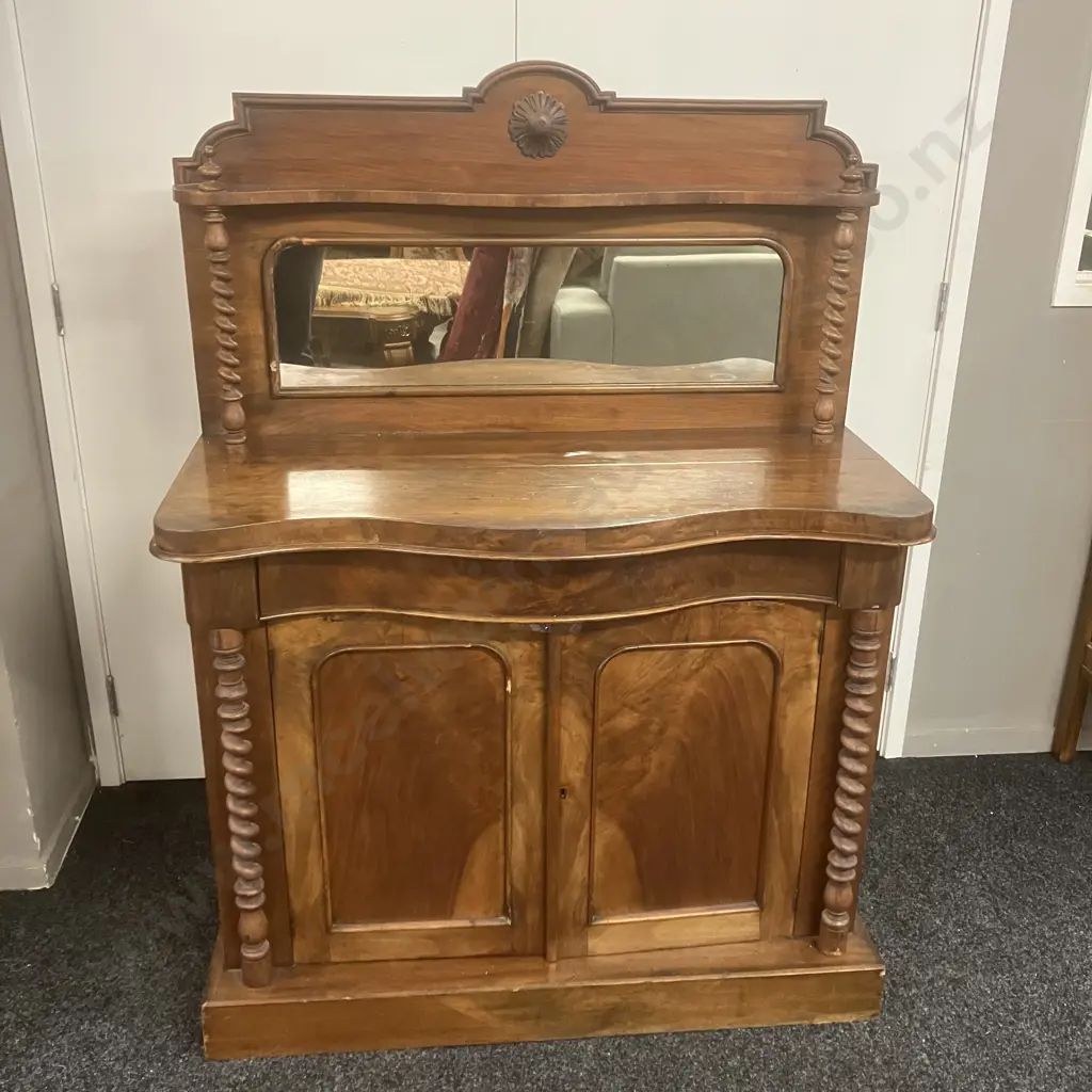 Victorian Mahogany Chiffonier Raised Shaped Mirror, Barley Twist Supports, Single Fitted Drawer, 2 Door. H143 W107 D45cm Image 1++