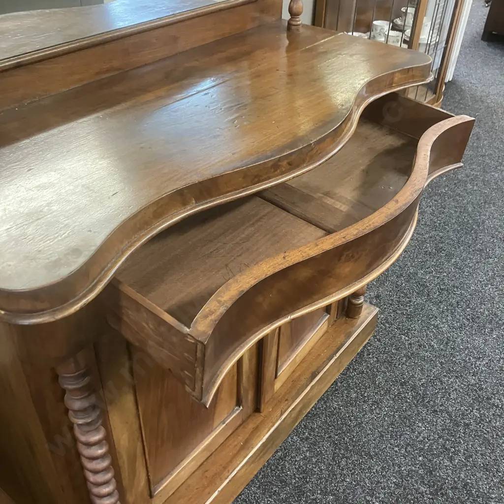 Victorian Mahogany Chiffonier Raised Shaped Mirror, Barley Twist Supports, Single Fitted Drawer, 2 Door. H143 W107 D45cm Image 1++