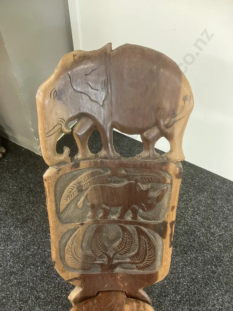 African Palaver Chair, Hand Carved, Elephant & Rhinoceros. H73cm Image 1++