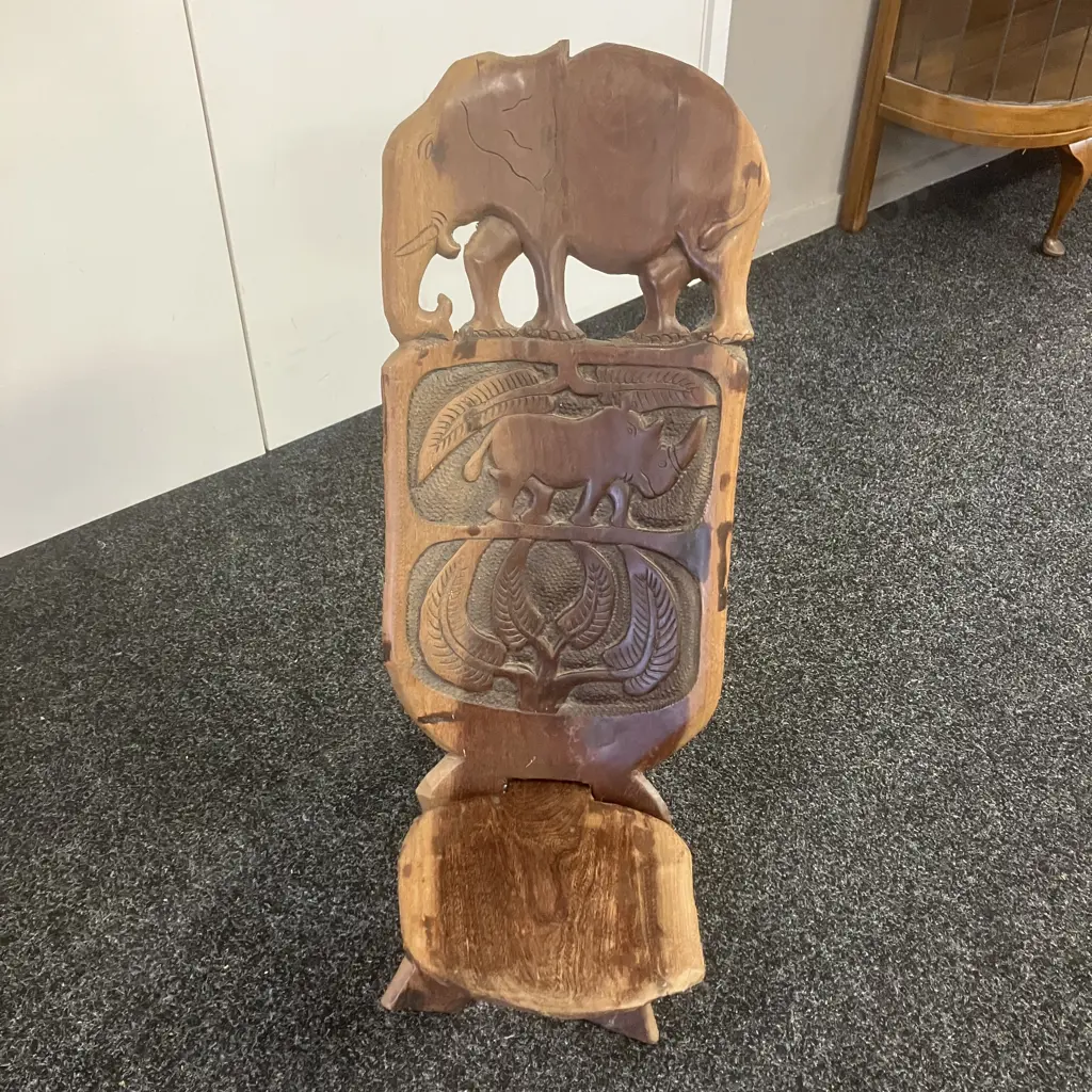 African Palaver Chair, Hand Carved, Elephant & Rhinoceros. H73cm Image 1++