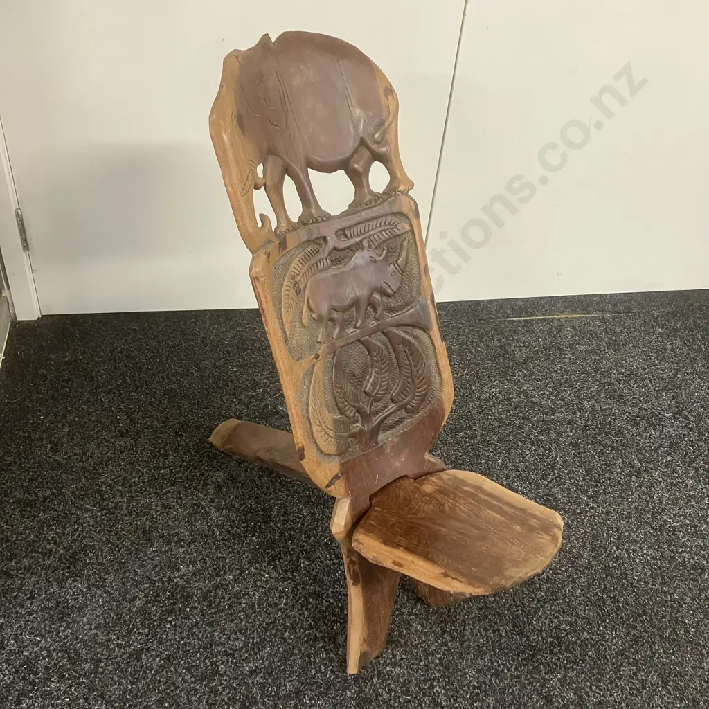 African Palaver Chair, Hand Carved, Elephant & Rhinoceros. H73cm Image 1++