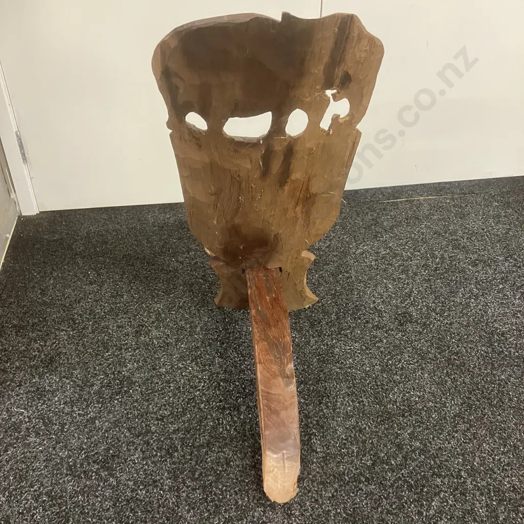 African Palaver Chair, Hand Carved, Elephant & Rhinoceros. H73cm Image 1++