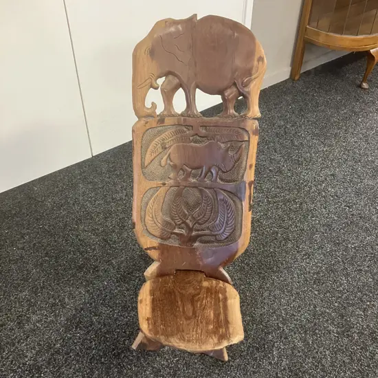 African Palaver Chair, Hand Carved, Elephant & Rhinoceros. H73cm