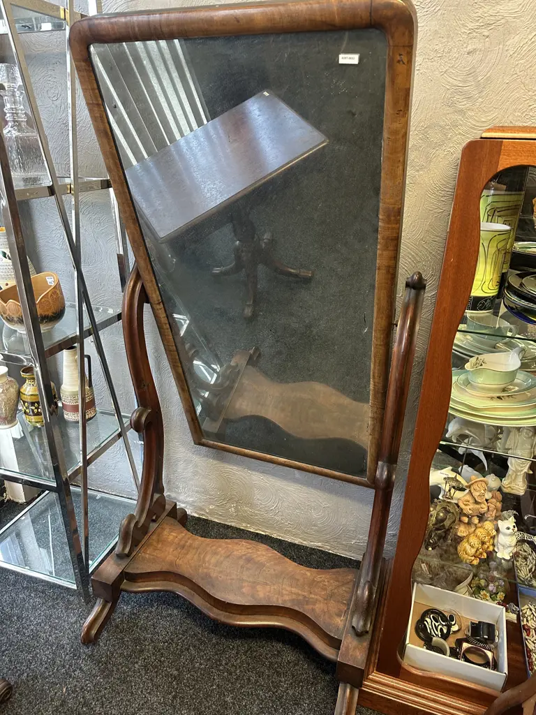 Antique Victorian Mahogany Full Length Free Standing Cheval Mirror On Metal Castors. H165cm (AF) Image 1++