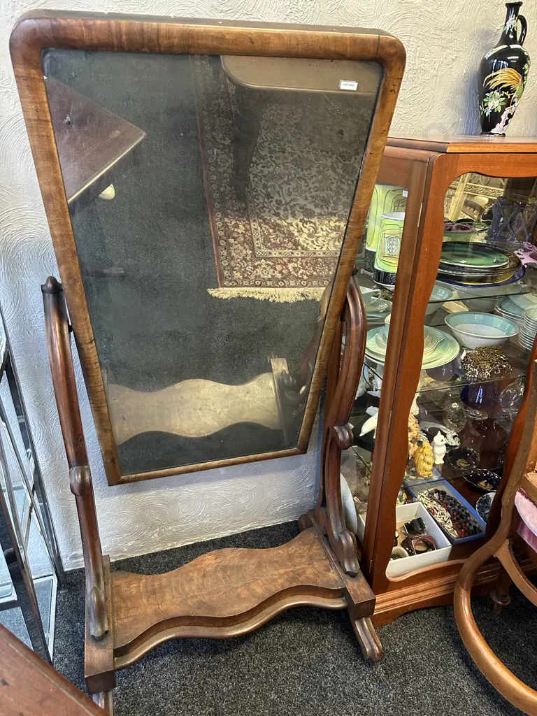 Antique Victorian Mahogany Full Length Free Standing Cheval Mirror On Metal Castors. H165cm (AF) Image 1++
