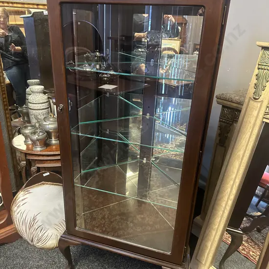 Corner Mahogany Display Cabinet Single Door, Three Glass Shelves Cabriole Legs With Keys H138,W61,D44cm.