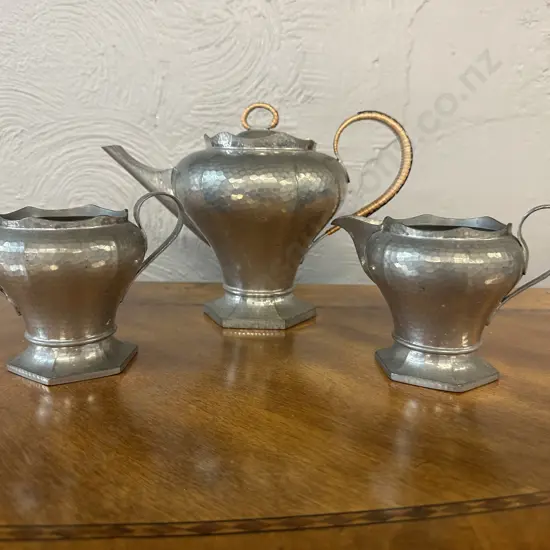 Vintage English Don Pewter Teapot, Creamer & Sugar Bowl.
