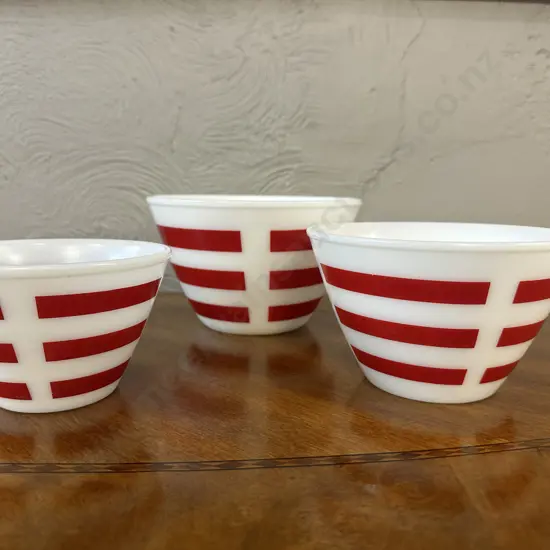 Vintage Set Of Three Opalex Mixing Bowls White Milk Glass & Red Stripes 