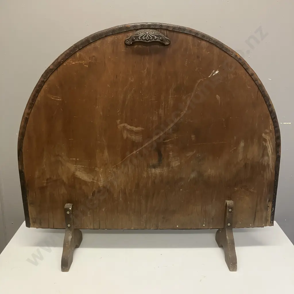 Vintage Carved Leather Curved Firescreen With Horse Logging Scene. 73 x 81cm Image 1++