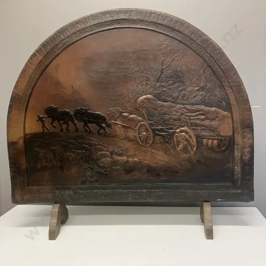 Vintage Carved Leather Curved Firescreen With Horse Logging Scene. 73 x 81cm
