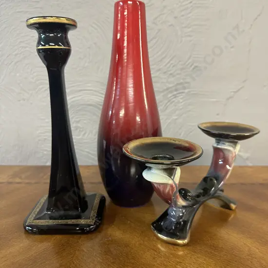 Red Scheurich Vase #554-28 & Candle Holders Black With Gilding 