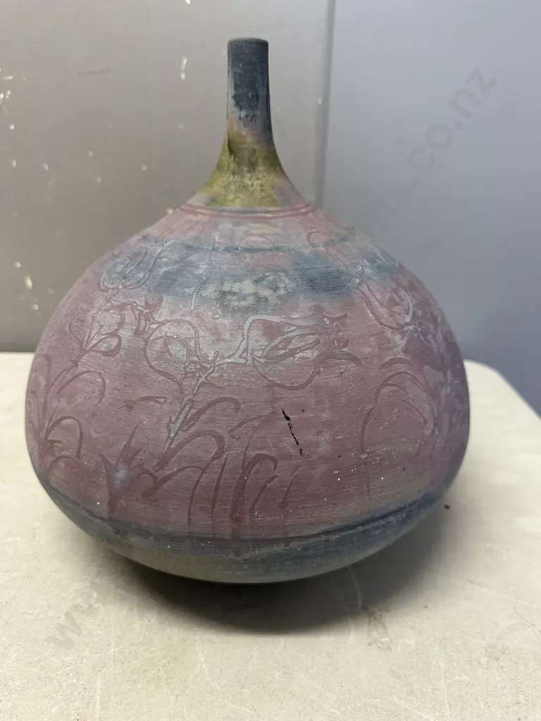 Unique Pottery Vase With Narrow Neck & Bulbous Shape Pink/Blue Tones H46cm.  Image 1++