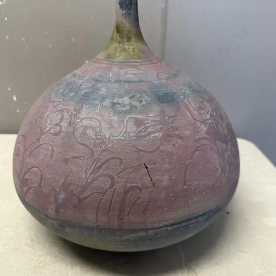 Unique Pottery Vase With Narrow Neck & Bulbous Shape Pink/Blue Tones H46cm. 