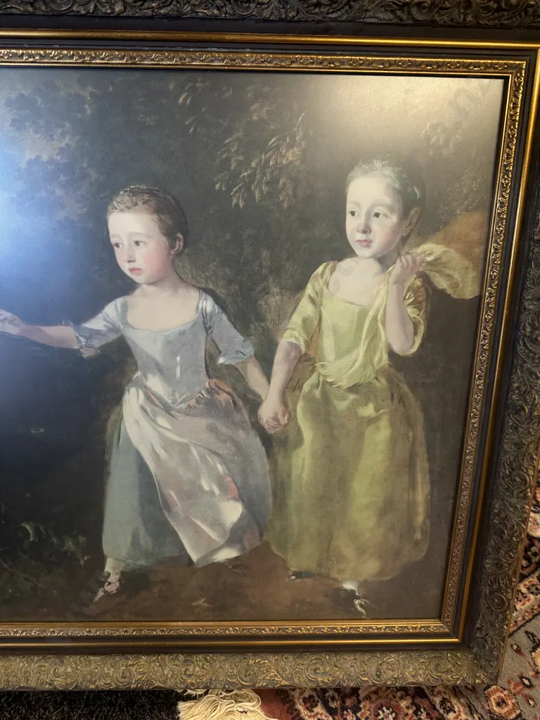 Gilt Framed Artwork Girls Holding Hands H75,W70cm. Image 1++