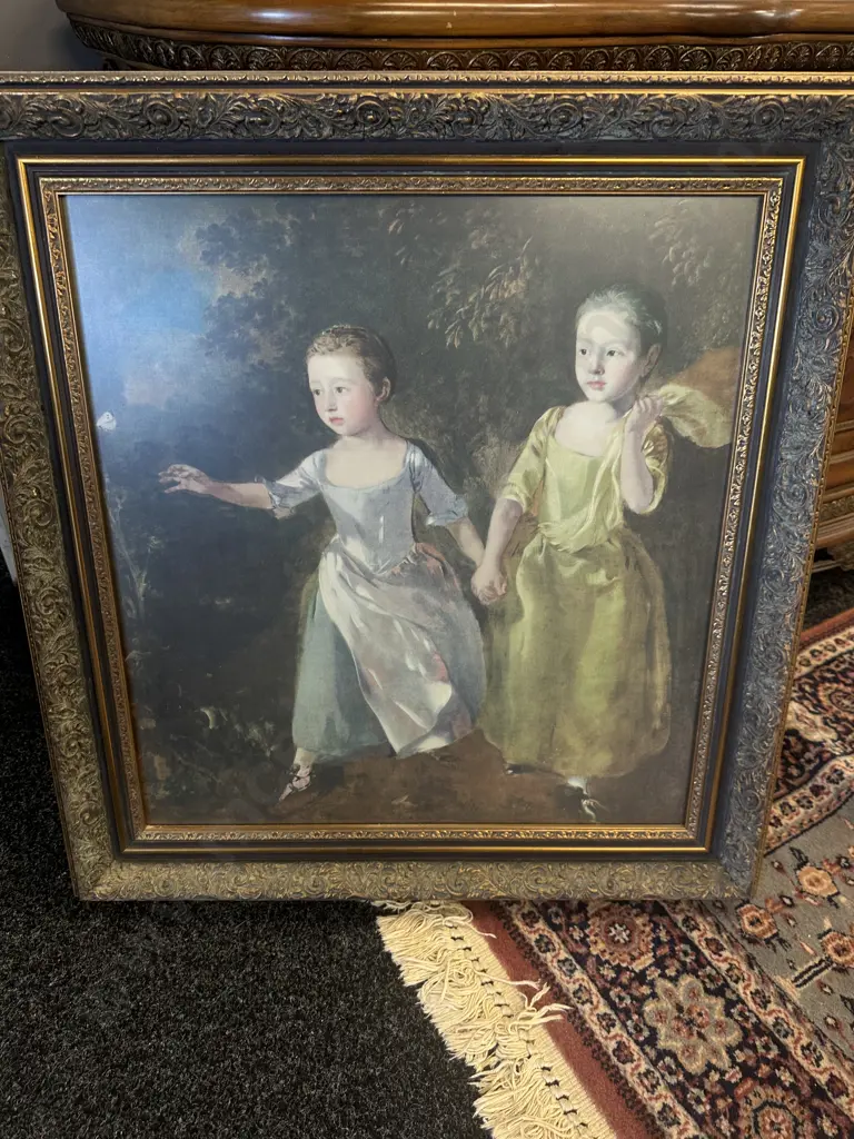 Gilt Framed Artwork Girls Holding Hands H75,W70cm. Image 1++