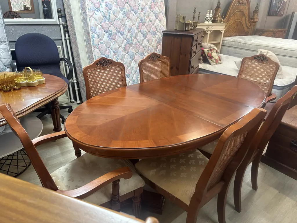 Dining Suite Oval Marquetry Inlaid, Double Pedestal, Extension With Six Chairs Including Carvers Image 1++