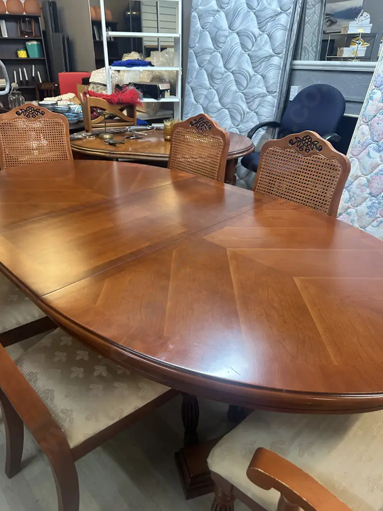 Dining Suite Oval Marquetry Inlaid, Double Pedestal, Extension With Six Chairs Including Carvers Image 1++