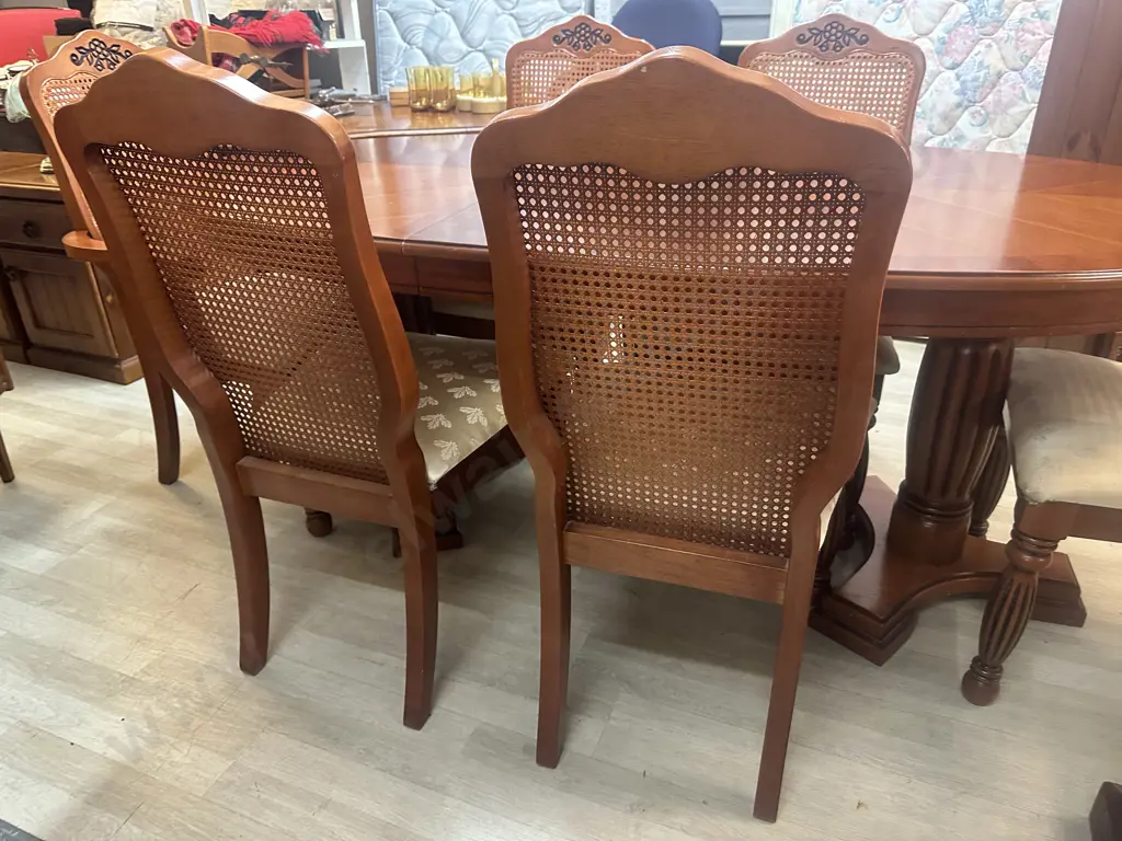 Dining Suite Oval Marquetry Inlaid, Double Pedestal, Extension With Six Chairs Including Carvers Image 1++