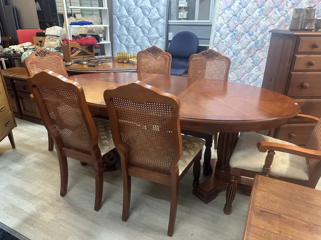 Dining Suite Oval Marquetry Inlaid, Double Pedestal, Extension With Six Chairs Including Carvers Image 1++