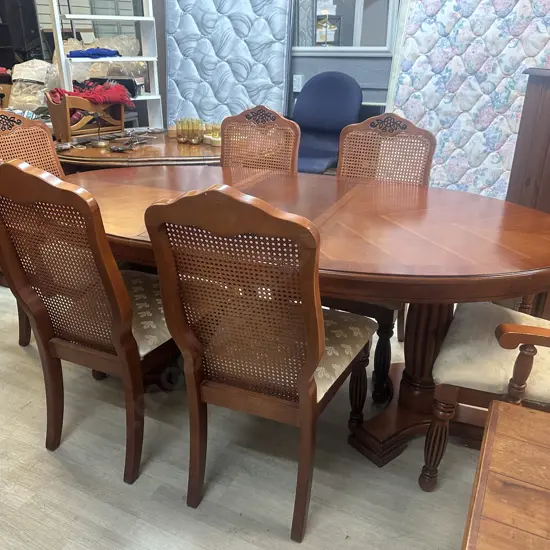 Dining Suite Oval Marquetry Inlaid, Double Pedestal, Extension With Six Chairs Including Carvers