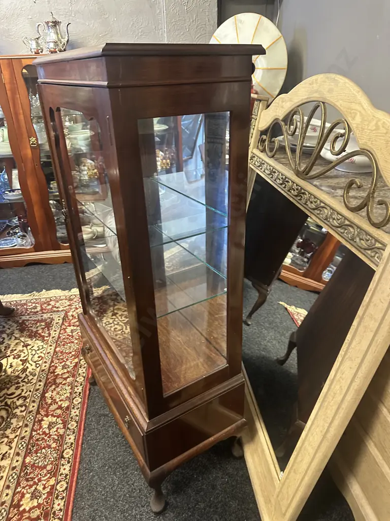 Mahogany Display Cabinet Single Drawer, Cabriole Legs, Glass Shelves  Image 1++