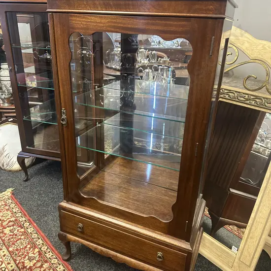 Mahogany Display Cabinet Single Drawer, Cabriole Legs, Glass Shelves 