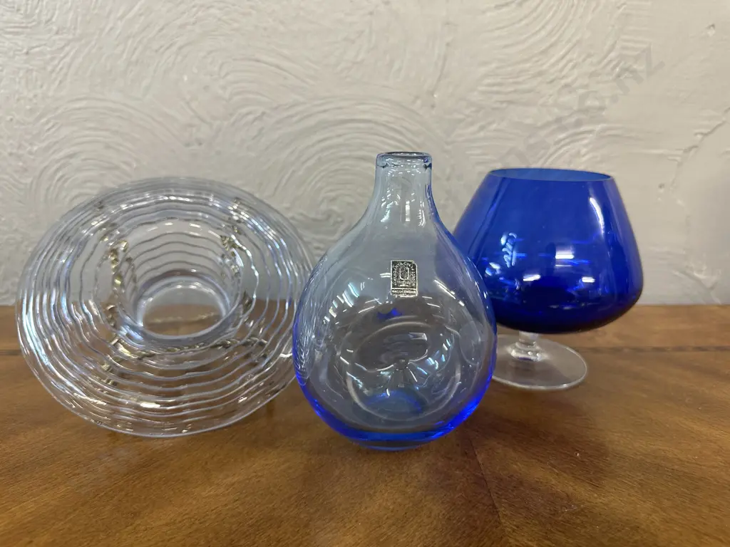 Blue Ripple Posy Bowl, Swedish Colbalt Blue Hue Vase & Blue Footed Brandy Glass  Image 1++