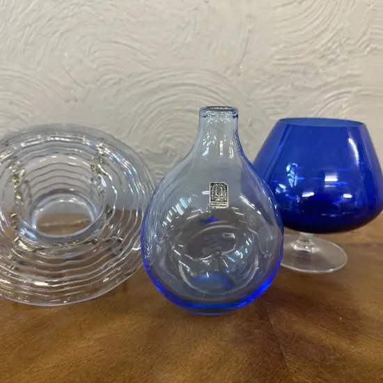 Blue Ripple Posy Bowl, Swedish Colbalt Blue Hue Vase & Blue Footed Brandy Glass 