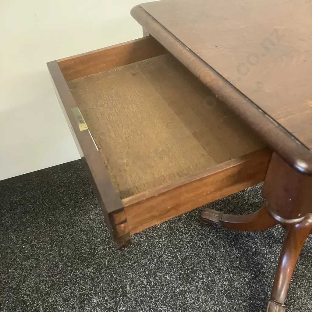 Victorian Antique Side Table, Single Drawer, Turned Pedestal To 4 Carved Feet On Castors. H74 W76 D50cm Image 1++